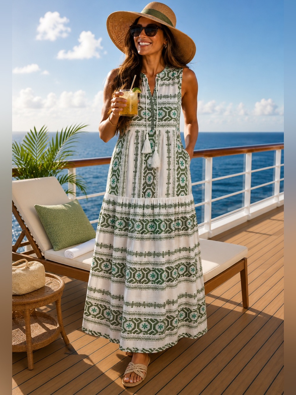Elan Green White Emvroidered Tiered Sleeveless Cotton Cover-Up Midi Dress M NWT